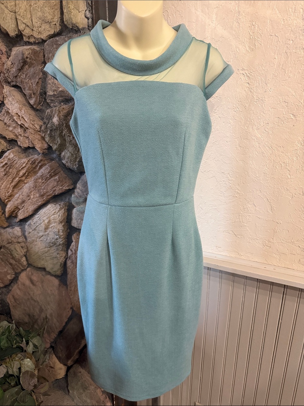 Little Mistress Aqua Midi Dress with Sheer Yoke